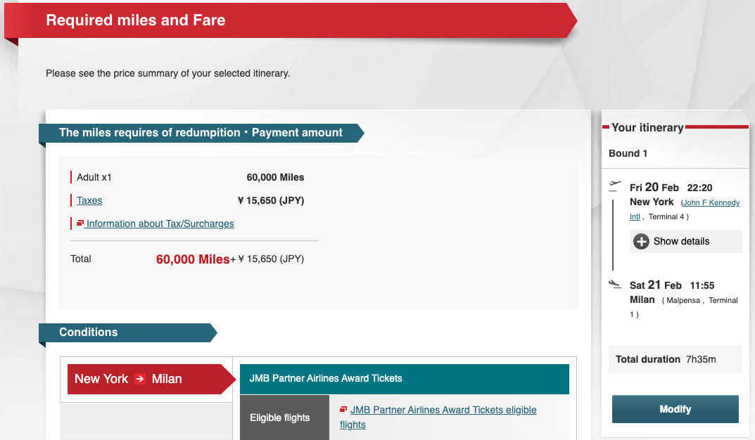 JAL booking confirmation: 60,000 miles + ¥15,650 for JFK to Milan one way