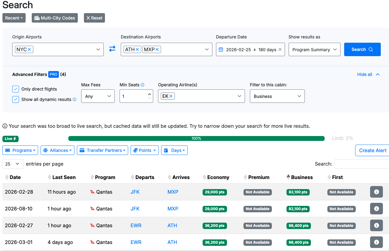 Seats.aero search showing Emirates Business Class availability NYC to Milan and Athens under Qantas