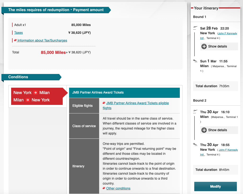 JAL round-trip booking: 85,000 miles + ¥38,620 for NYC to Milan and back