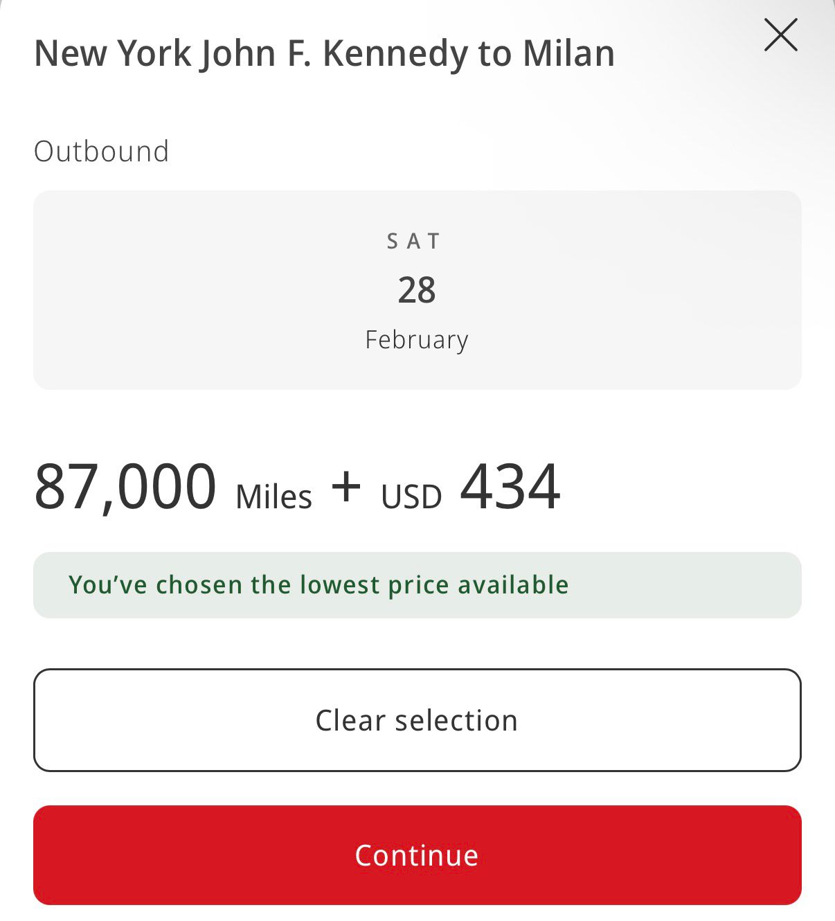 Emirates Skywards booking: 87,000 Miles + USD 434 one way JFK to Milan