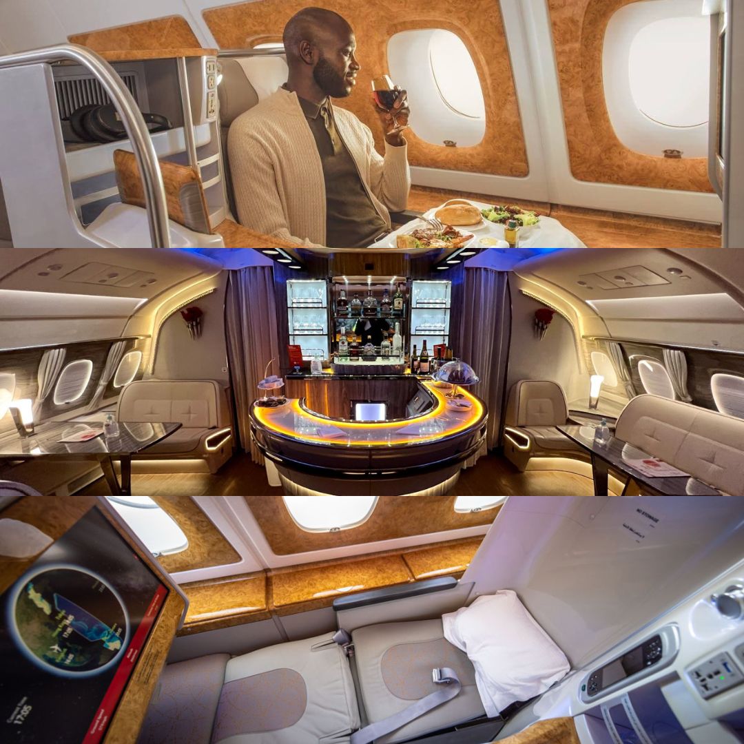 Emirates A380 Business Class — private dining suite, iconic onboard bar lounge, and fully flat bed