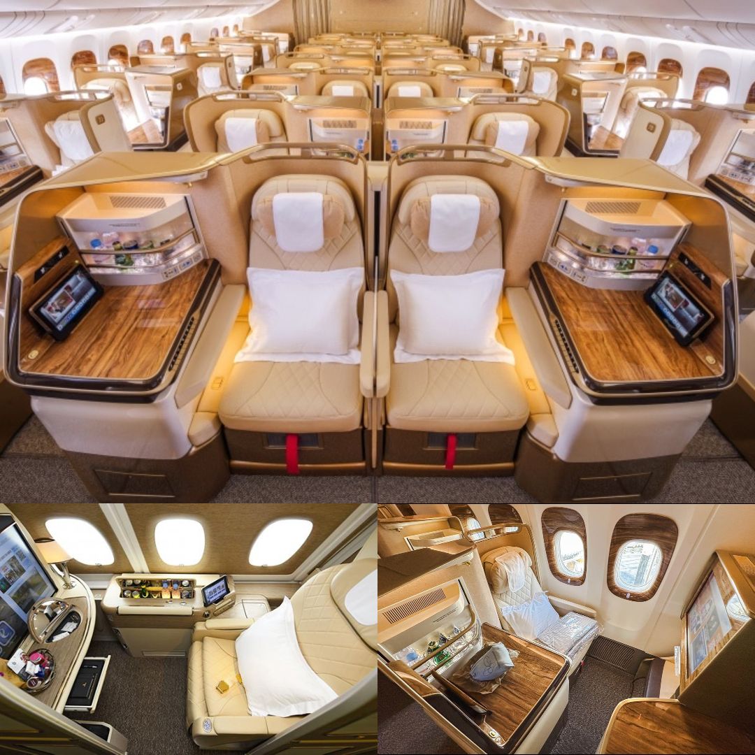 Emirates 777 Business Class — wide cabin view and individual seat details
